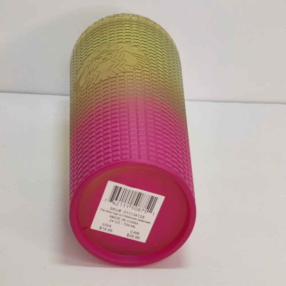 NEW Starbucks Tumbler Grid Texture Large Venti 24 oz Pink Yellow Straw 2022 - Picture 3 of 10